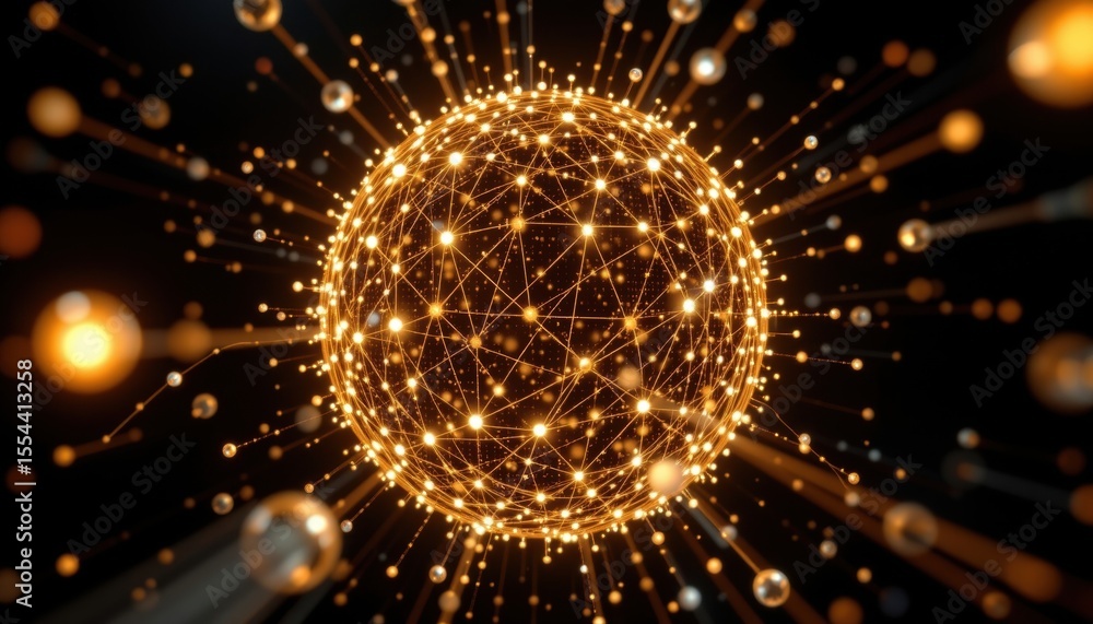 Poster golden sphere of connected dots, evoking concepts of connectivity, networks, and data visualization.