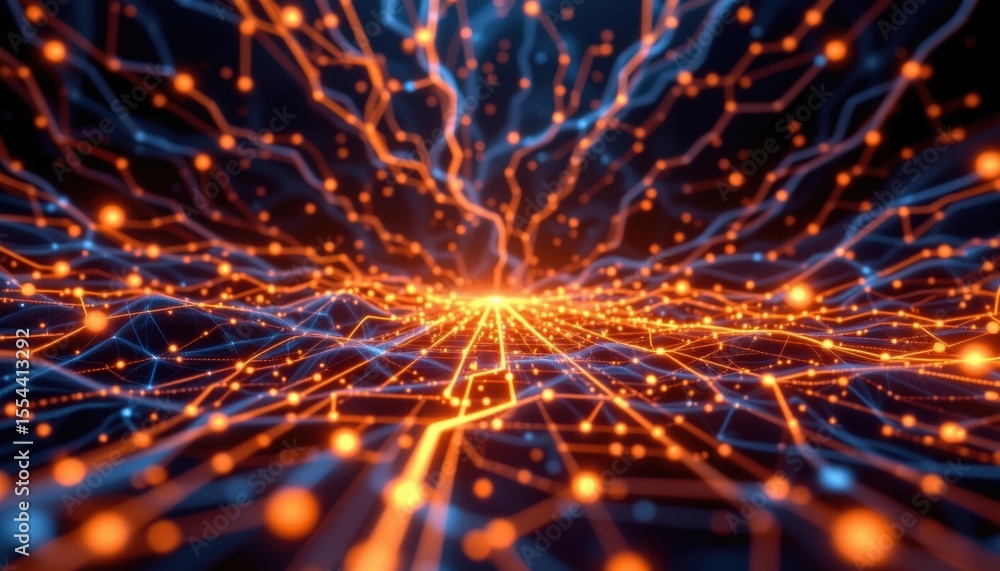 Poster abstract depiction of interconnected neural pathways. a network of glowing orange and blue lines and