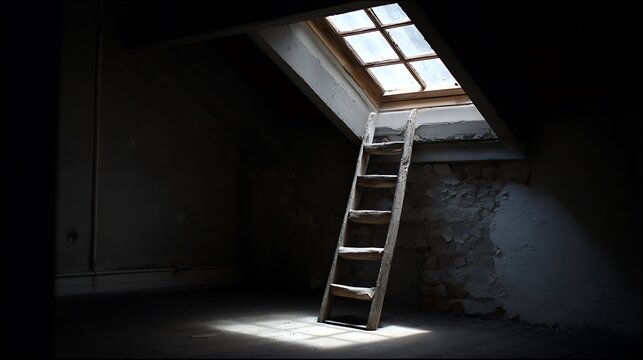 Wooden ladder leading to a glowing skylight in a dim attic space, symbolizing escape, hope, and aspiration. High contrast scene with darkness below and light above.