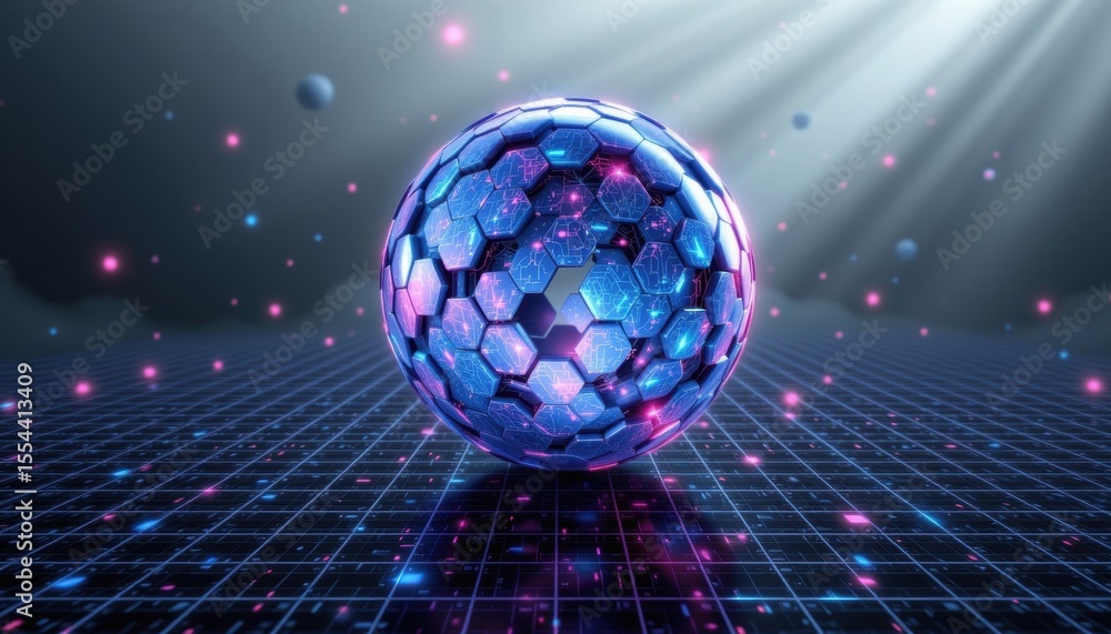 Poster abstract sphere with digital grid floor and particle effects