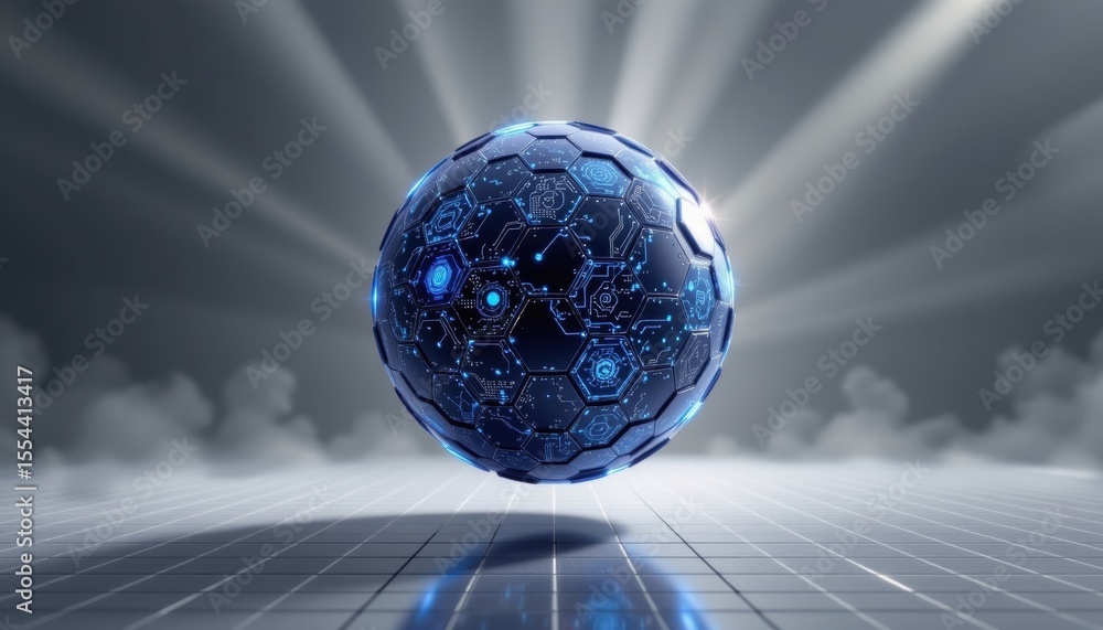 Poster a futuristic glowing blue sphere with circuit board-like patterns, floating on a reflective surface,