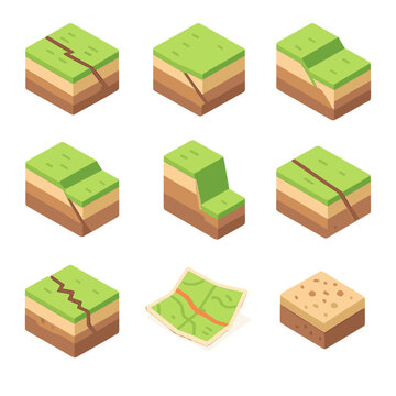 Fault Type Icon Set. Isometric Flat icon set of fault types and structures: strike-slip fault, normal fault, reverse fault, thrust