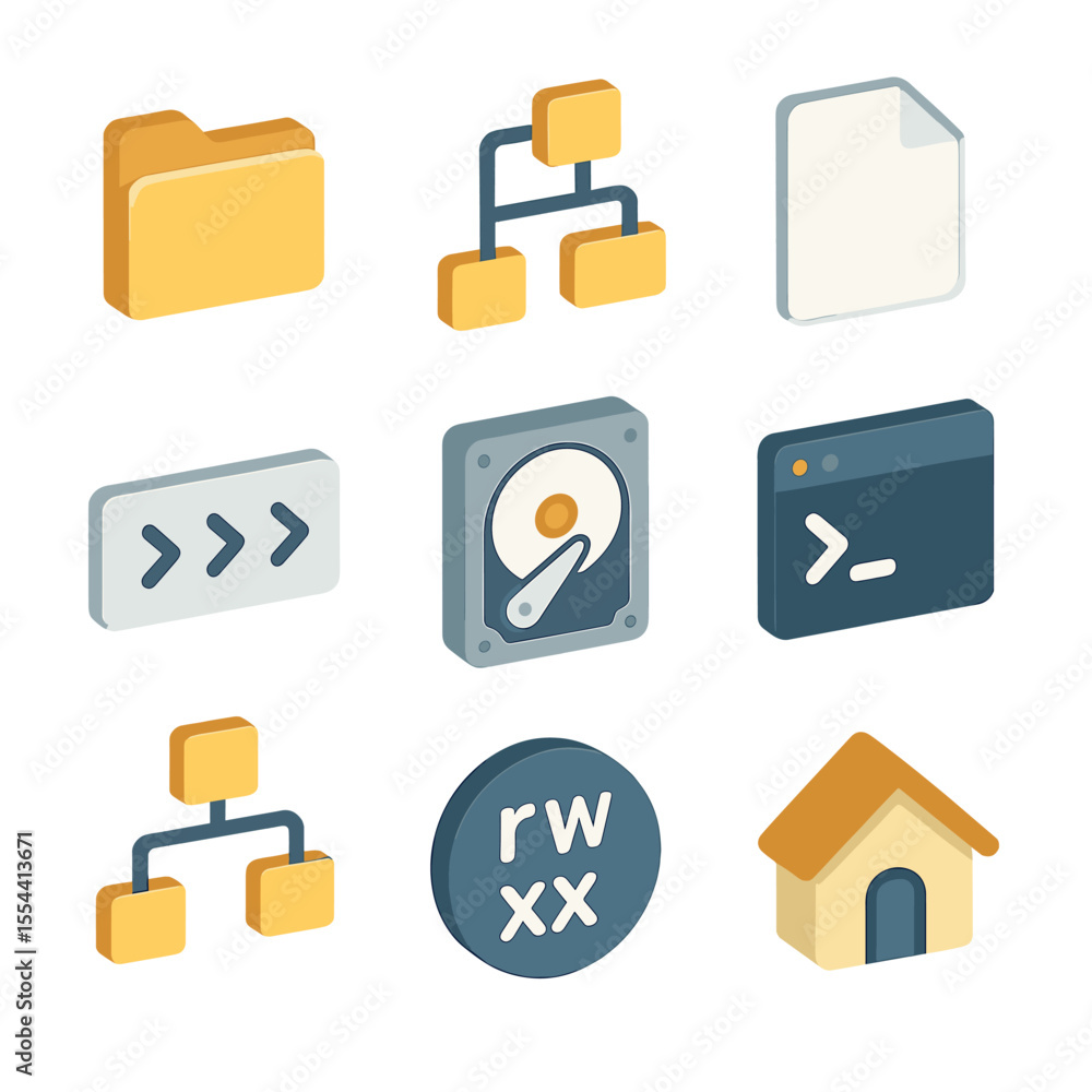 Poster file system icons. isometric flat icon set of file system root directory: root folder, subfolder tre