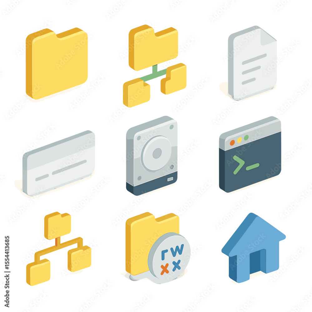 Poster file system icons. isometric flat icon set of file system root directory: root folder, subfolder tre