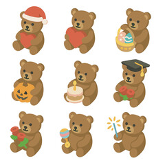 Fototapeta premium Festive Teddy Bear Icons. Isometric Flat icon set of teddy bear holiday celebrations: Christmas bear with Santa hat, Valentine