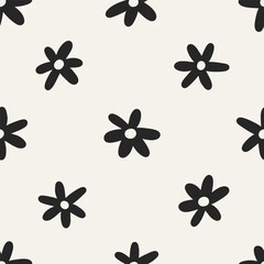 Flower pattern, seamless background, repeating design. Endless black and white floral texture, daisies and chamomiles print in groovy doodle style. Flat vector illustration for textile, wallpaper