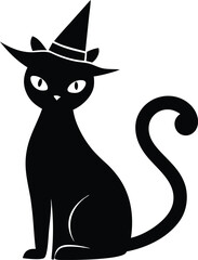 Halloween cat in hat silhouette, black cat with witch hat silhouette vector illustration of halloween