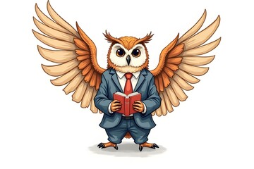 pastel Owl man with large wings in a suit with books. Smart bird. Fashion animal character. Hand drawn
