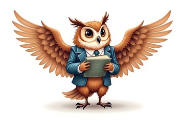 pastel Owl man with large wings in a suit with books. Smart bird. Fashion animal character. Hand drawn illustration