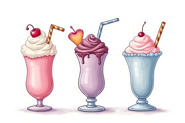 pastel Monstershakes In Color Sketch Style. Milkshakes. Hand Drawn Creative Dessert