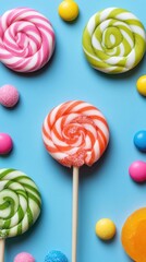 Colorful lollipops and candies on a light-blue background