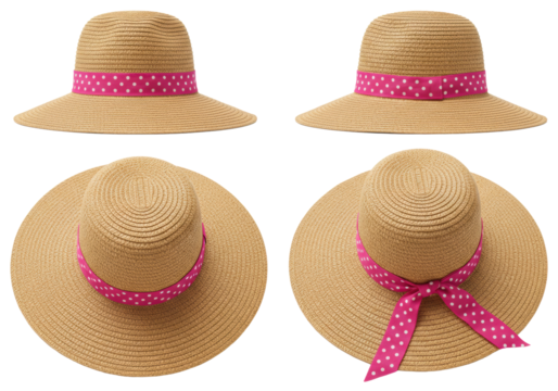 Three light brown woven straw hats with wide flat brims and hot pink polka dot ribbons, displayed from varied angles on a seamless transparent background with soft studio lighting. Concept of