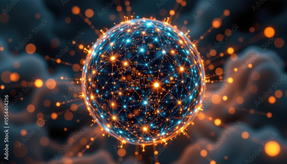 Poster abstract glowing sphere with interconnecting nodes and a network of lights, symbolizing technologica