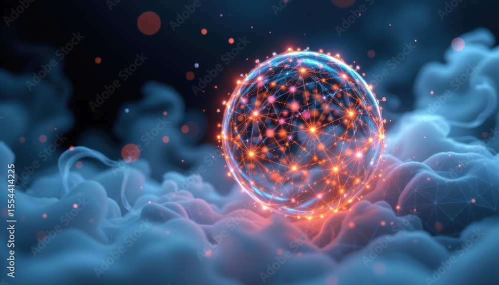 Poster an artistic digital rendering of a glowing sphere amidst soft, swirling clouds, showcasing intricate
