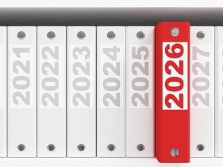 Office folders  on the shelves. New Year 2026 concept. 3d rendering