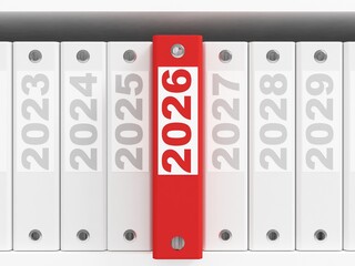 Office folders  on the shelves. New Year 2026 concept. 3d rendering