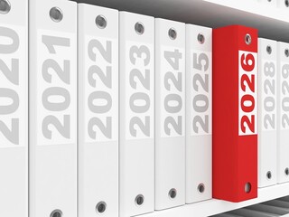 Office folders  on the shelves. New Year 2026 concept. 3d rendering
