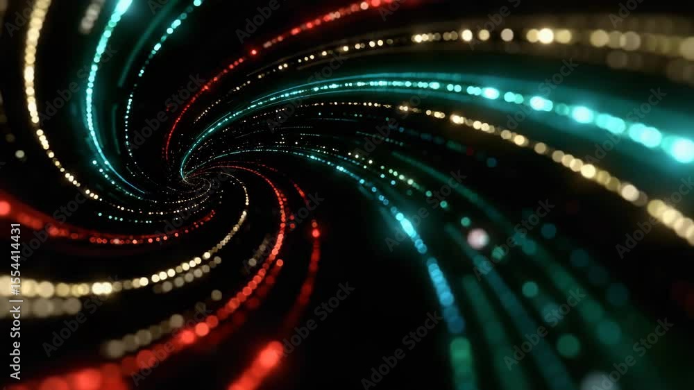 Poster Abstract glowing spiral of multicolored dots and lines going to infinity. Futuristic and technological concepts. Hypnotic animation of moving light dots. Backgrounds, data visualization, space themes.