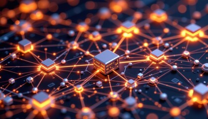 Abstract 3D render of a technology network. A complex network with glowing nodes, representing interconnected data flow