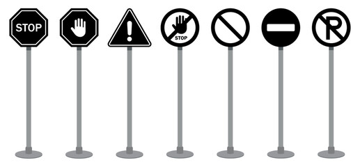 Set of traffic signs including stop, warning, no entry, and no parking icons mounted on poles. Flat vector design for road safety, traffic control, and transportation. Icons, vector, symbols.