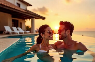 Happy couple of woman and man relaxing in water, on honeymoon, luxury hotel infinity pool at sunset. Palms and sea, ocean at background