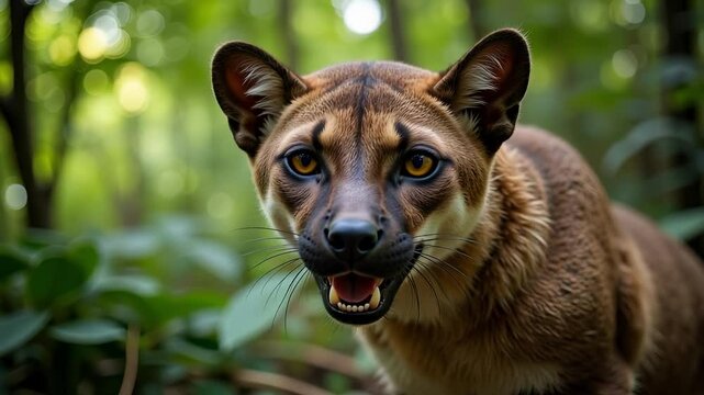 Witness an adult Fossa in its natural habitat, showcasing its cat-like features, round ears, amber eyes, and sharp teeth amidst a rainforest canopy