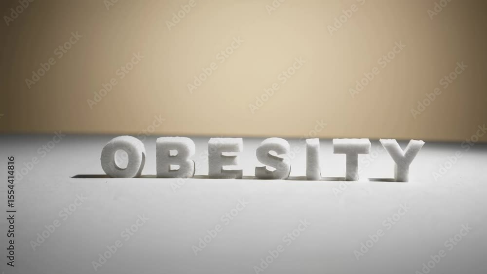 Poster Sugar cubes composing the word obesity representing the correlation between sugar consumption and weight gain, isolated on a white background