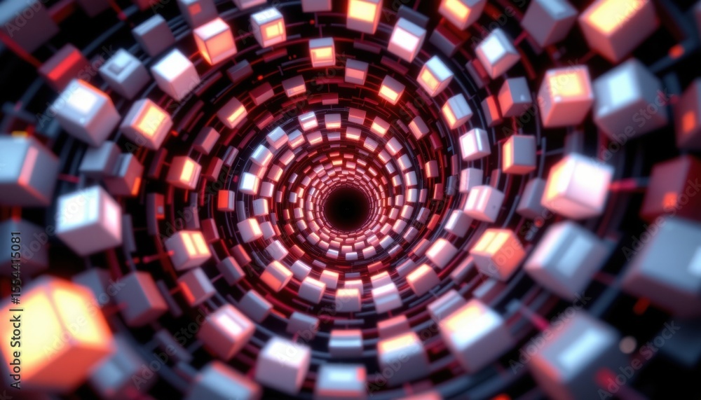 Poster abstract tunnel made of colorful, glowing cubes. the image creates a sense of depth and immersion
