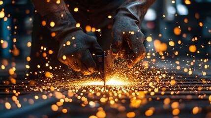 Closeup Of Gloved Hands Welding Metal With Bright Orange Sparks Of Energy And Heat Of Metalwork And Production Skills. Craftsmanship and Industrial Skill Focus. Detailed View Of Skilled Hands In