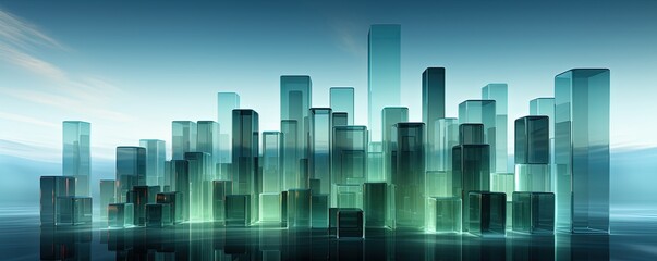 Obraz premium Abstract Glass Cityscape, Teal Gradient Fog, Modern Architecture Concept