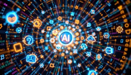 Obraz premium An abstract visualization of AI technology with glowing digital icons. The image represents the complexity and interconnectedness of artificial intelligence