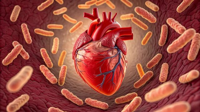 Bacteria surround a human heart illustrating bacterial endocarditis and cardiovascular infections, showing the dangers of invasive pathogens and immune response of the body.