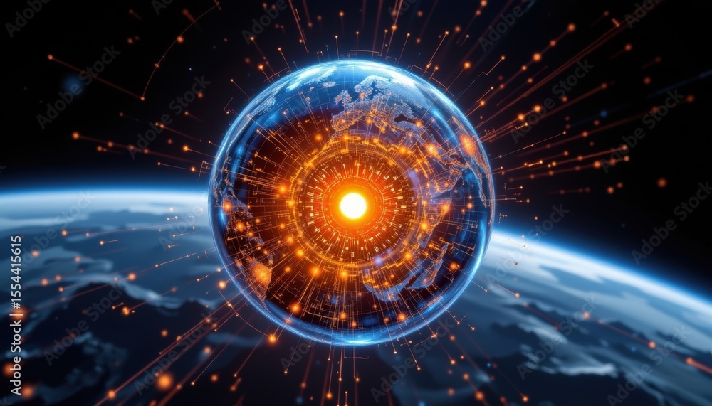 Poster a futuristic view of planet earth with intricate glowing details, symbolizing the interconnectedness