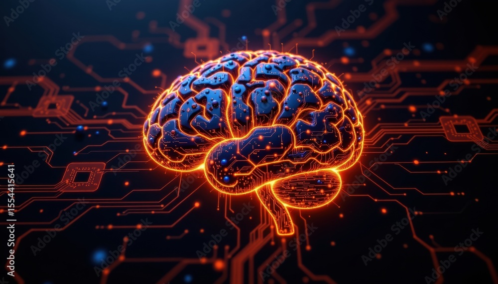 Poster an illuminated brain against a technological background, symbolizing intelligence and the digital ag