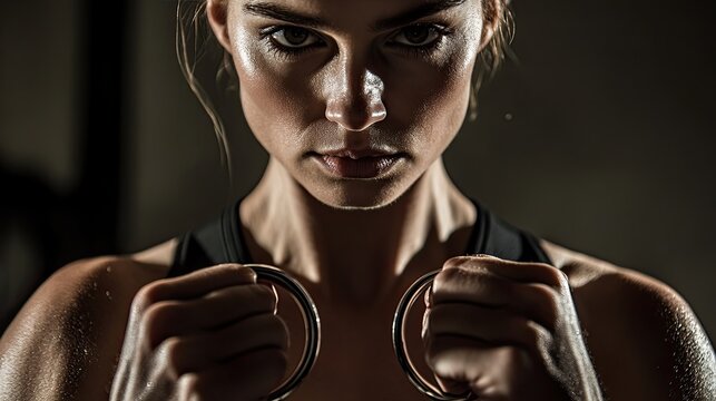 A fit woman in a sports bra hangs from gymnastic rings in a dimly lit training space. - Powered by Adobe