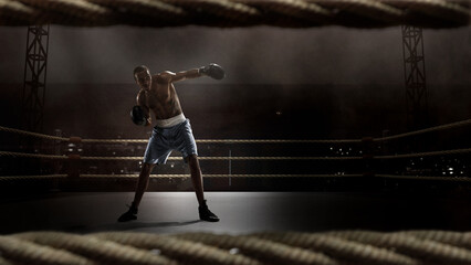 Tattooed boxer with white gloves prepares to strike on 3D boxing ring under dramatic lighting....