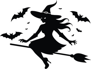Halloween female witch ride broom bats silhouette, Silhouette of witch and cat flying on broom vector