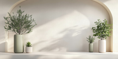 Fototapeta premium A white wall with a green archway and three potted plants