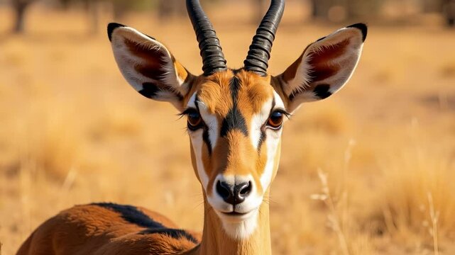 A Thomson's gazelle displays its distinctive black stripe and alert brown eyes in warm African sunlight, with dry grassland softly blurred behind.