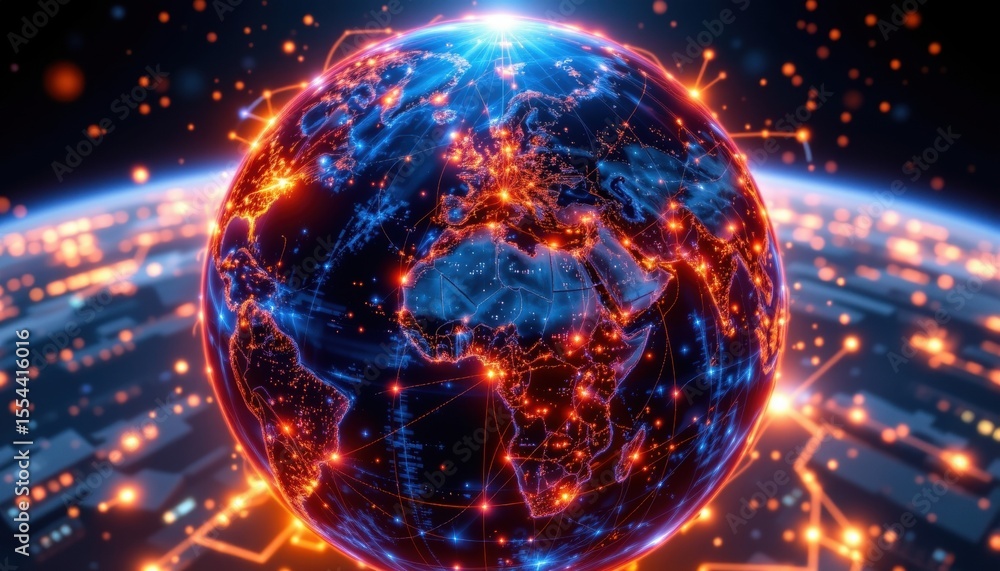 Poster a vibrant digital rendering of the earth, illuminated with a network of glowing lights, symbolizing 