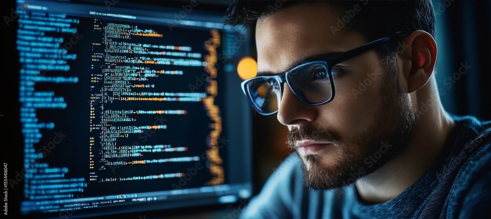 Poster cyber protection concept man analyzing secured program debugging for internet systems