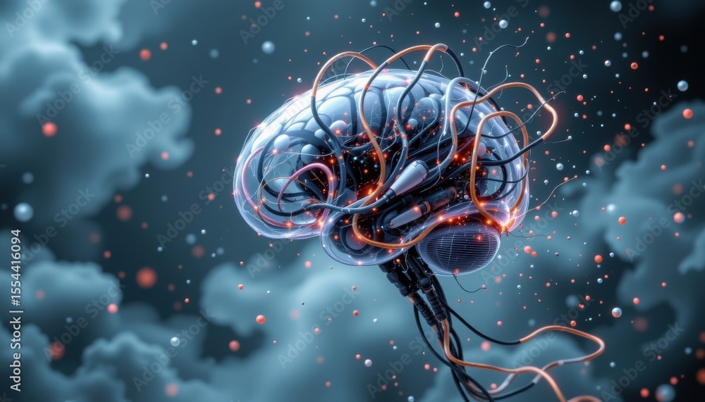 Poster an innovative brain connected with glowing wires amidst abstract clouds, symbolizing advanced techno
