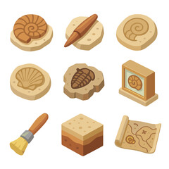 Fossil Icon Collection. Isometric Flat icon set of shell fossil discoveries: ammonite fossil, belemnite, gastropod imprint,