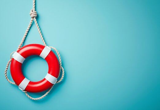 Red and white striped life preserver hanging by rope on blue background lifebuoy