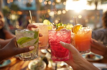 Vibrant cocktails clink together in a celebratory toast among friends at a lively outdoor gathering.
