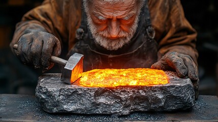 Focused Senior Craftsman Working With Glowing Hot Metal On Anvil In Dark Workshop With Sparks And Firelight Details Close Up Skillful And Dedicated Craftsmanship Displaying Precision And Strength