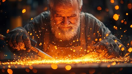 Focused Senior Blacksmith Working at Forge with Flying Sparks