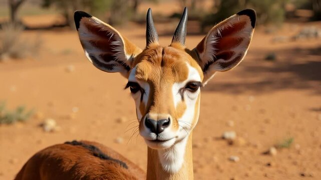 Gerenuk antelope reveals its long neck and delicate snout in a close-up, its alert eyes and lashes stand out against dry bushland in warm light.