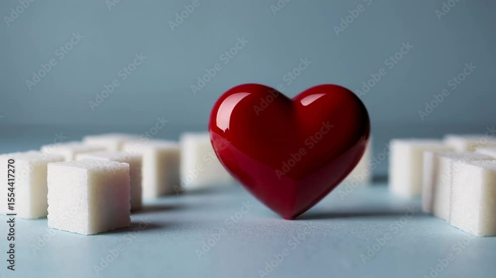 Aufkleber Sugar cubes are placed around a shiny red heart on a light blue background, creating a visual representation of the impact of sugar on cardiovascular health