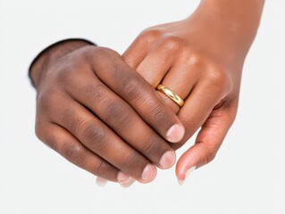 Embracing unity with intertwined hands showcasing matching wedding rings symbolizing love and commitment under soft lighting creating a romantic atmosphere for couple celebration
